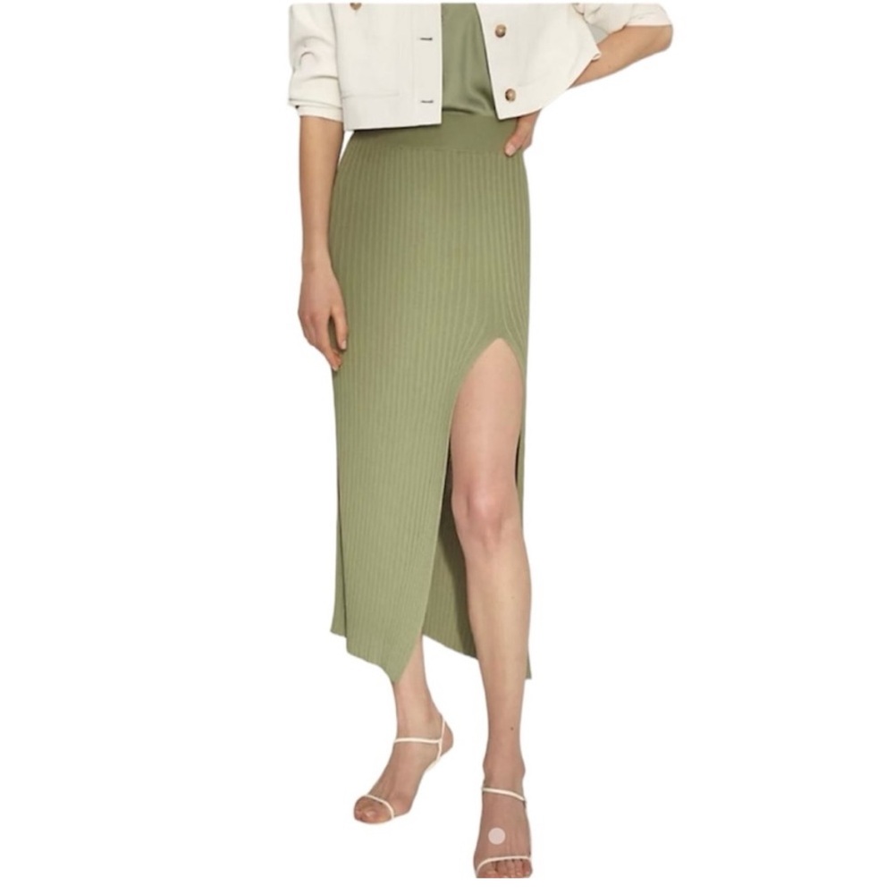 Ribbed Olive Green Midi Skirt with Side Slit